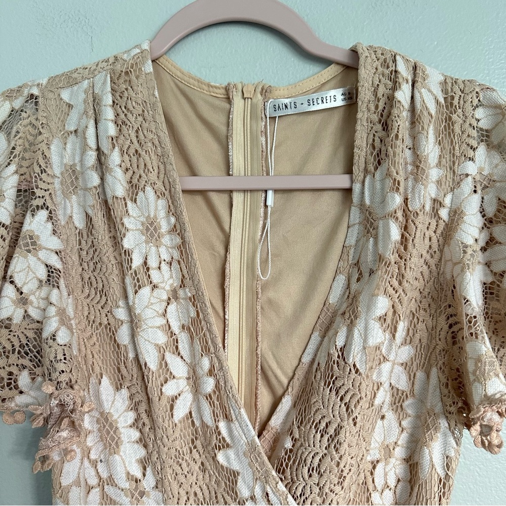 Saints and Secrets Floral Faux Wrap Ruffle Lace Mini Dress - Picture 6 of 15